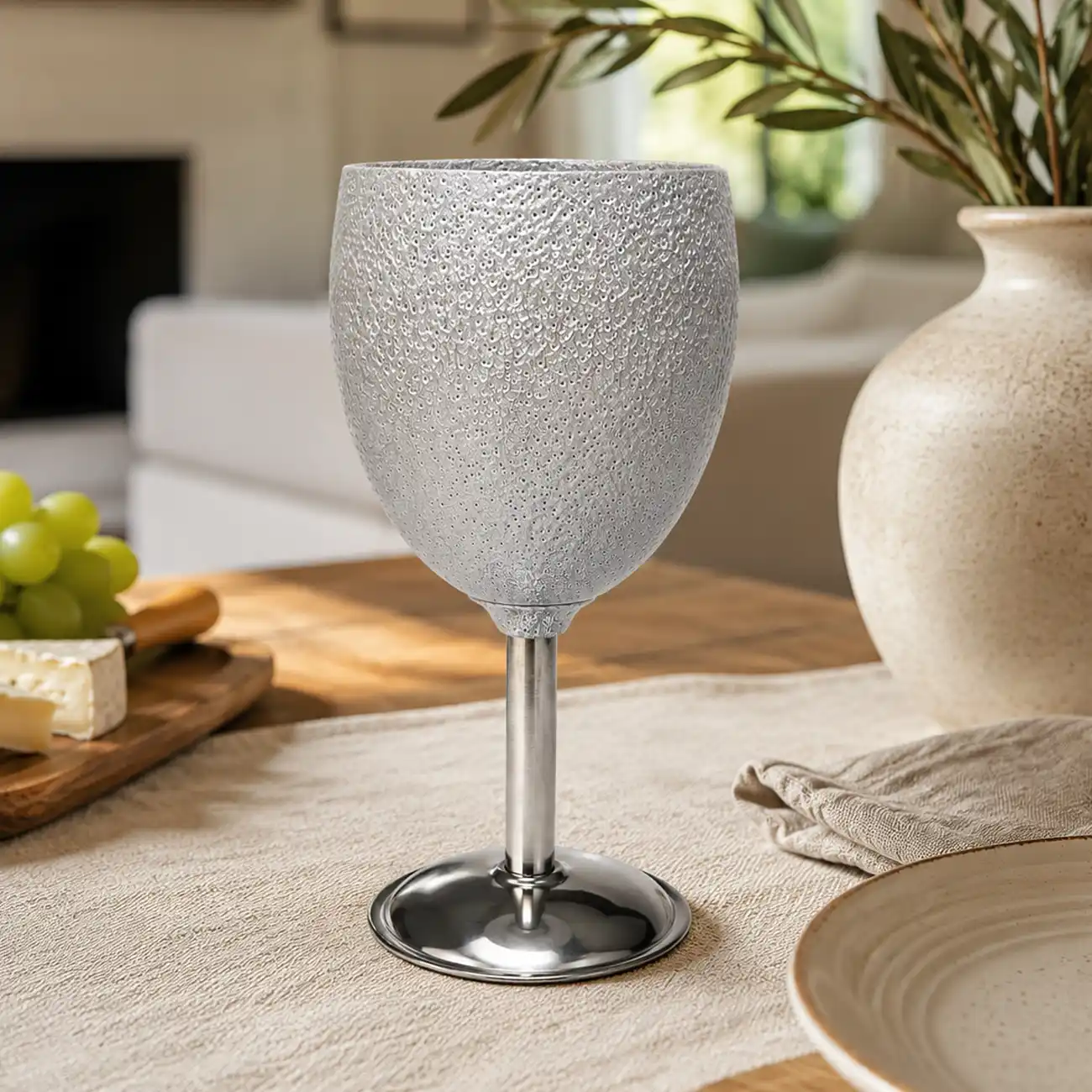 Stainless Steel Wine Goblet Hammertone Silver